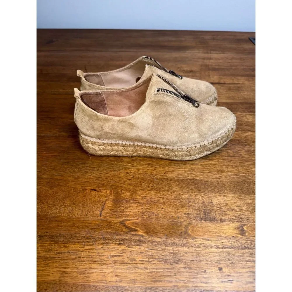 Eric Michael Taupe Leather Serena Espadrille Shoe with Top Zipper